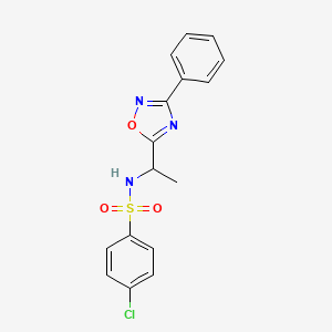molecular formula C16H14ClN3O3S B7687263 4-chloro-N-(1-(3-phenyl-1,2,4-oxadiazol-5-yl)ethyl)benzenesulfonamide 
