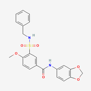 molecular formula C22H20N2O6S B7687265 N-benzyl-5-[4-(2-fluorophenyl)piperazine-1-carbonyl]-2-methoxybenzene-1-sulfonamide 