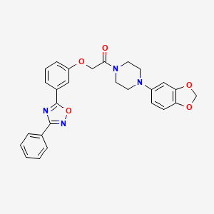 molecular formula C27H24N4O5 B7687800 1-(4-(benzo[d][1,3]dioxol-5-yl)piperazin-1-yl)-2-(3-(3-phenyl-1,2,4-oxadiazol-5-yl)phenoxy)ethanone 