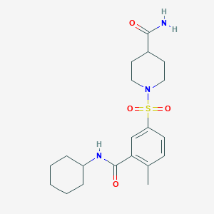 molecular formula C20H29N3O4S B7687913 1-[3-(Cyclohexylcarbamoyl)-4-methylphenyl]sulfonylpiperidine-4-carboxamide CAS No. 878723-17-2