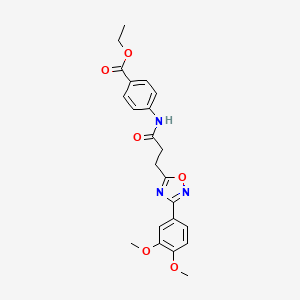 molecular formula C22H23N3O6 B7689259 ethyl 4-(3-(3-(3,4-dimethoxyphenyl)-1,2,4-oxadiazol-5-yl)propanamido)benzoate 