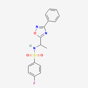 molecular formula C16H14FN3O3S B7690257 4-fluoro-N-(1-(3-phenyl-1,2,4-oxadiazol-5-yl)ethyl)benzenesulfonamide 