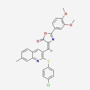 molecular formula C28H21ClN2O4S B7690692 (E)-4-((2-((4-chlorophenyl)thio)-7-methylquinolin-3-yl)methylene)-2-(3,4-dimethoxyphenyl)oxazol-5(4H)-one 