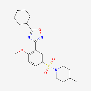 molecular formula C21H29N3O4S B7690782 5-cyclohexyl-3-(2-methoxy-5-((4-methylpiperidin-1-yl)sulfonyl)phenyl)-1,2,4-oxadiazole 