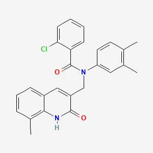 molecular formula C26H23ClN2O2 B7691375 2-chloro-N-(3,4-dimethylphenyl)-N-((2-hydroxy-8-methylquinolin-3-yl)methyl)benzamide 