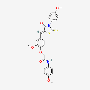 molecular formula C27H24N2O6S2 B7691471 2-(2-methoxy-4-((3-(4-methoxyphenyl)-4-oxo-2-thioxothiazolidin-5-ylidene)methyl)phenoxy)-N-(4-methoxyphenyl)acetamide 