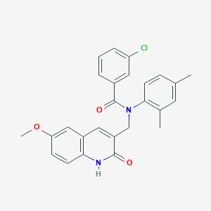 molecular formula C26H23ClN2O3 B7692328 3-chloro-N-(2,4-dimethylphenyl)-N-((2-hydroxy-6-methoxyquinolin-3-yl)methyl)benzamide 