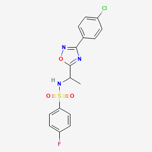 molecular formula C16H13ClFN3O3S B7692580 N-(1-(3-(4-chlorophenyl)-1,2,4-oxadiazol-5-yl)ethyl)-4-fluorobenzenesulfonamide 