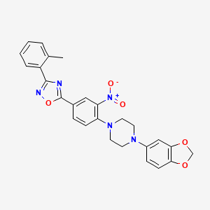molecular formula C26H23N5O5 B7693044 5-(4-(4-(benzo[d][1,3]dioxol-5-yl)piperazin-1-yl)-3-nitrophenyl)-3-(o-tolyl)-1,2,4-oxadiazole 