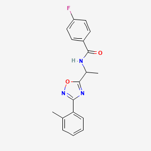 molecular formula C18H16FN3O2 B7693442 4-fluoro-N-(1-(3-(o-tolyl)-1,2,4-oxadiazol-5-yl)ethyl)benzamide 