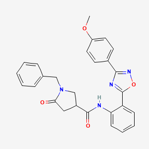 molecular formula C27H24N4O4 B7694311 1-benzyl-N-(2-(3-(4-methoxyphenyl)-1,2,4-oxadiazol-5-yl)phenyl)-5-oxopyrrolidine-3-carboxamide 