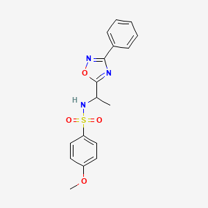 molecular formula C17H17N3O4S B7694513 4-methoxy-N-(1-(3-phenyl-1,2,4-oxadiazol-5-yl)ethyl)benzenesulfonamide 