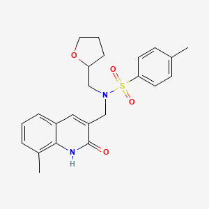molecular formula C23H26N2O4S B7694820 N-((2-hydroxy-8-methylquinolin-3-yl)methyl)-4-methyl-N-((tetrahydrofuran-2-yl)methyl)benzenesulfonamide 