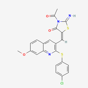 molecular formula C22H16ClN3O3S2 B7694921 (E)-3-acetyl-5-((2-((4-chlorophenyl)thio)-7-methoxyquinolin-3-yl)methylene)-2-iminothiazolidin-4-one 