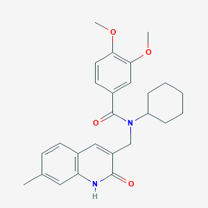 molecular formula C26H30N2O4 B7697649 N-cyclohexyl-N-((2-hydroxy-7-methylquinolin-3-yl)methyl)-3,4-dimethoxybenzamide 