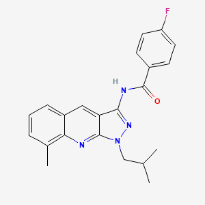 molecular formula C22H21FN4O B7697932 4-fluoro-N-(1-isobutyl-8-methyl-1H-pyrazolo[3,4-b]quinolin-3-yl)benzamide 