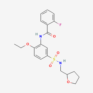 molecular formula C20H23FN2O5S B7698804 N-(2-ethoxy-5-(N-((tetrahydrofuran-2-yl)methyl)sulfamoyl)phenyl)-2-fluorobenzamide 