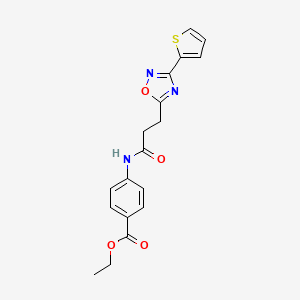 molecular formula C18H17N3O4S B7698919 ethyl 4-(3-(3-(thiophen-2-yl)-1,2,4-oxadiazol-5-yl)propanamido)benzoate 