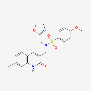 molecular formula C23H22N2O5S B7699526 N-(furan-2-ylmethyl)-N-((2-hydroxy-7-methylquinolin-3-yl)methyl)-4-methoxybenzenesulfonamide 