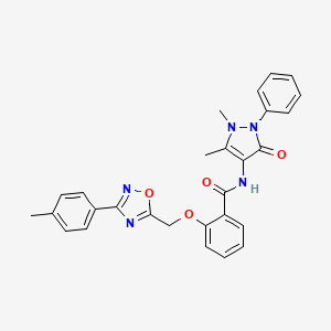 molecular formula C28H25N5O4 B7702622 N-(1,5-dimethyl-3-oxo-2-phenyl-2,3-dihydro-1H-pyrazol-4-yl)-2-((3-(p-tolyl)-1,2,4-oxadiazol-5-yl)methoxy)benzamide 