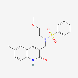 molecular formula C20H22N2O4S B7703178 N-((2-hydroxy-6-methylquinolin-3-yl)methyl)-N-(2-methoxyethyl)benzenesulfonamide 