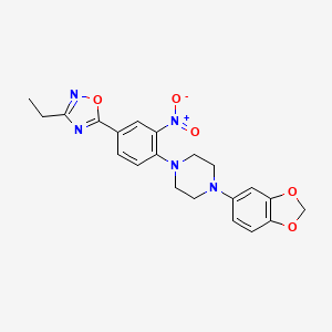 molecular formula C21H21N5O5 B7706899 5-(4-(4-(benzo[d][1,3]dioxol-5-yl)piperazin-1-yl)-3-nitrophenyl)-3-ethyl-1,2,4-oxadiazole 