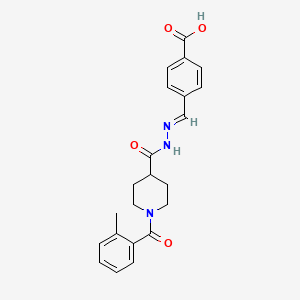 molecular formula C22H23N3O4 B7709559 (E)-4-((2-(1-(2-methylbenzoyl)piperidine-4-carbonyl)hydrazono)methyl)benzoic acid 