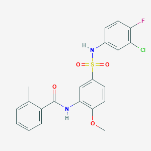 molecular formula C21H18ClFN2O4S B7710564 N-(5-(N-(3-chloro-4-fluorophenyl)sulfamoyl)-2-methoxyphenyl)-2-methylbenzamide 