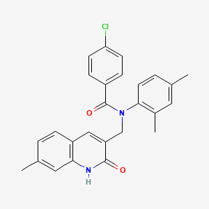molecular formula C26H23ClN2O2 B7710752 4-chloro-N-(2,4-dimethylphenyl)-N-((2-hydroxy-7-methylquinolin-3-yl)methyl)benzamide 