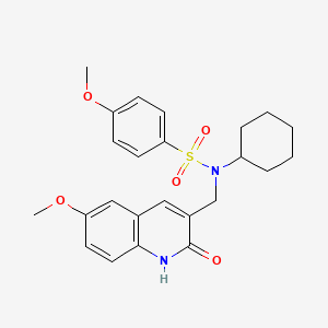 molecular formula C24H28N2O5S B7713515 N-cyclohexyl-N-((2-hydroxy-6-methoxyquinolin-3-yl)methyl)-4-methoxybenzenesulfonamide 