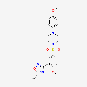 molecular formula C22H26N4O5S B7715882 5-ethyl-3-(2-methoxy-5-((4-(4-methoxyphenyl)piperazin-1-yl)sulfonyl)phenyl)-1,2,4-oxadiazole 