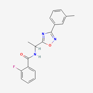 molecular formula C18H16FN3O2 B7716182 2-fluoro-N-(1-(3-(m-tolyl)-1,2,4-oxadiazol-5-yl)ethyl)benzamide 