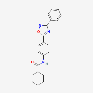 molecular formula C21H21N3O2 B7716878 N-(4-(3-phenyl-1,2,4-oxadiazol-5-yl)phenyl)cyclohexanecarboxamide 