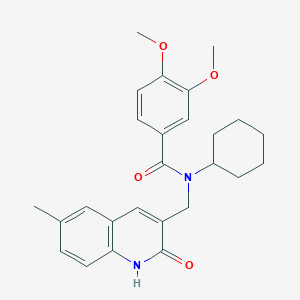 molecular formula C26H30N2O4 B7718213 N-cyclohexyl-N-((2-hydroxy-6-methylquinolin-3-yl)methyl)-3,4-dimethoxybenzamide 