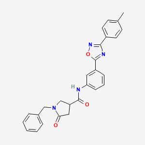 molecular formula C27H24N4O3 B7718528 1-benzyl-5-oxo-N-(3-(3-(p-tolyl)-1,2,4-oxadiazol-5-yl)phenyl)pyrrolidine-3-carboxamide 