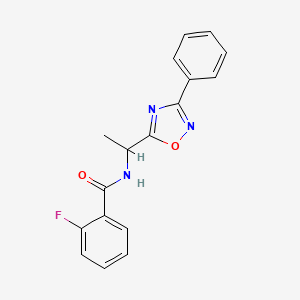 molecular formula C17H14FN3O2 B7718800 2-fluoro-N-(1-(3-phenyl-1,2,4-oxadiazol-5-yl)ethyl)benzamide 