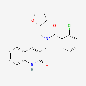 molecular formula C23H23ClN2O3 B7718910 2-chloro-N-((2-hydroxy-8-methylquinolin-3-yl)methyl)-N-((tetrahydrofuran-2-yl)methyl)benzamide 