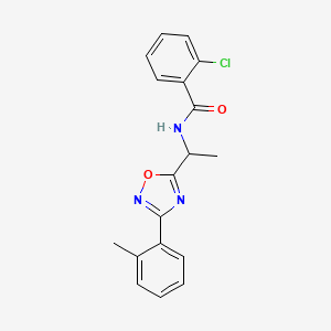 molecular formula C18H16ClN3O2 B7719414 2-chloro-N-(1-(3-(o-tolyl)-1,2,4-oxadiazol-5-yl)ethyl)benzamide 