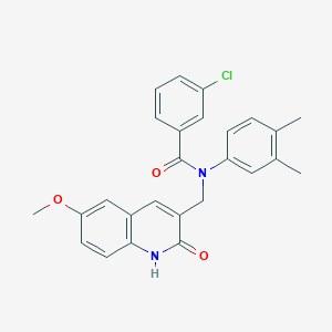 molecular formula C26H23ClN2O3 B7719504 3-chloro-N-(3,4-dimethylphenyl)-N-((2-hydroxy-6-methoxyquinolin-3-yl)methyl)benzamide 