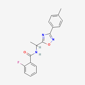 molecular formula C18H16FN3O2 B7719932 2-fluoro-N-(1-(3-(p-tolyl)-1,2,4-oxadiazol-5-yl)ethyl)benzamide 