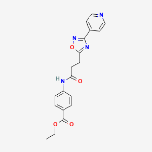 molecular formula C19H18N4O4 B7720771 ethyl 4-(3-(3-(pyridin-4-yl)-1,2,4-oxadiazol-5-yl)propanamido)benzoate 