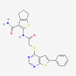 molecular formula C22H18N4O2S3 B7726713 2-({[(6-phenylthieno[2,3-d]pyrimidin-4-yl)sulfanyl]acetyl}amino)-5,6-dihydro-4H-cyclopenta[b]thiophene-3-carboxamide 