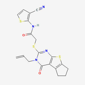 molecular formula C19H16N4O2S3 B7726720 N-(3-cyanothiophen-2-yl)-2-{[12-oxo-11-(prop-2-en-1-yl)-7-thia-9,11-diazatricyclo[6.4.0.0^{2,6}]dodeca-1(8),2(6),9-trien-10-yl]sulfanyl}acetamide 