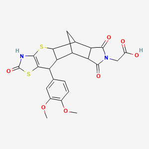 molecular formula C23H22N2O7S2 B7727326 2-[9-(3,4-dimethoxyphenyl)-6,13,15-trioxo-3,7-dithia-5,14-diazapentacyclo[9.5.1.02,10.04,8.012,16]heptadec-4(8)-en-14-yl]acetic acid 