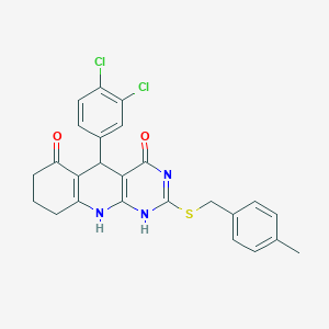 molecular formula C25H21Cl2N3O2S B7727797 5-(3,4-dichlorophenyl)-2-[(4-methylphenyl)methylsulfanyl]-1,5,7,8,9,10-hexahydropyrimido[4,5-b]quinoline-4,6-dione 