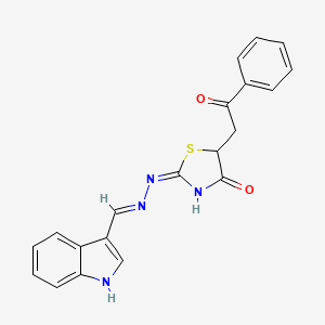 molecular formula C20H16N4O2S B7727874 (2E)-2-[(E)-1H-indol-3-ylmethylidenehydrazinylidene]-5-phenacyl-1,3-thiazolidin-4-one 