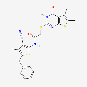 molecular formula C24H22N4O2S3 B7728767 N-(5-benzyl-3-cyano-4-methylthiophen-2-yl)-2-[(3,5,6-trimethyl-4-oxo-3,4-dihydrothieno[2,3-d]pyrimidin-2-yl)sulfanyl]acetamide 