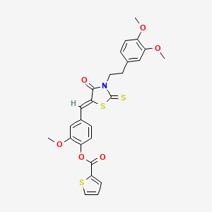 molecular formula C26H23NO6S3 B7729072 4-{[(5Z)-3-[2-(3,4-dimethoxyphenyl)ethyl]-4-oxo-2-sulfanylidene-1,3-thiazolidin-5-ylidene]methyl}-2-methoxyphenyl thiophene-2-carboxylate CAS No. 374616-61-2