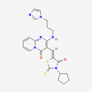 molecular formula C23H24N6O2S2 B7729634 3-[(Z)-(3-cyclopentyl-4-oxo-2-thioxo-1,3-thiazolidin-5-ylidene)methyl]-2-{[3-(1H-imidazol-1-yl)propyl]amino}-4H-pyrido[1,2-a]pyrimidin-4-one 