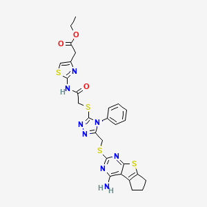 molecular formula C27H26N8O3S4 B7729701 ethyl [(2E)-2-({[(5-{[(4-amino-6,7-dihydro-5H-cyclopenta[4,5]thieno[2,3-d]pyrimidin-2-yl)sulfanyl]methyl}-4-phenyl-4H-1,2,4-triazol-3-yl)sulfanyl]acetyl}imino)-2,3-dihydro-1,3-thiazol-4-yl]acetate 